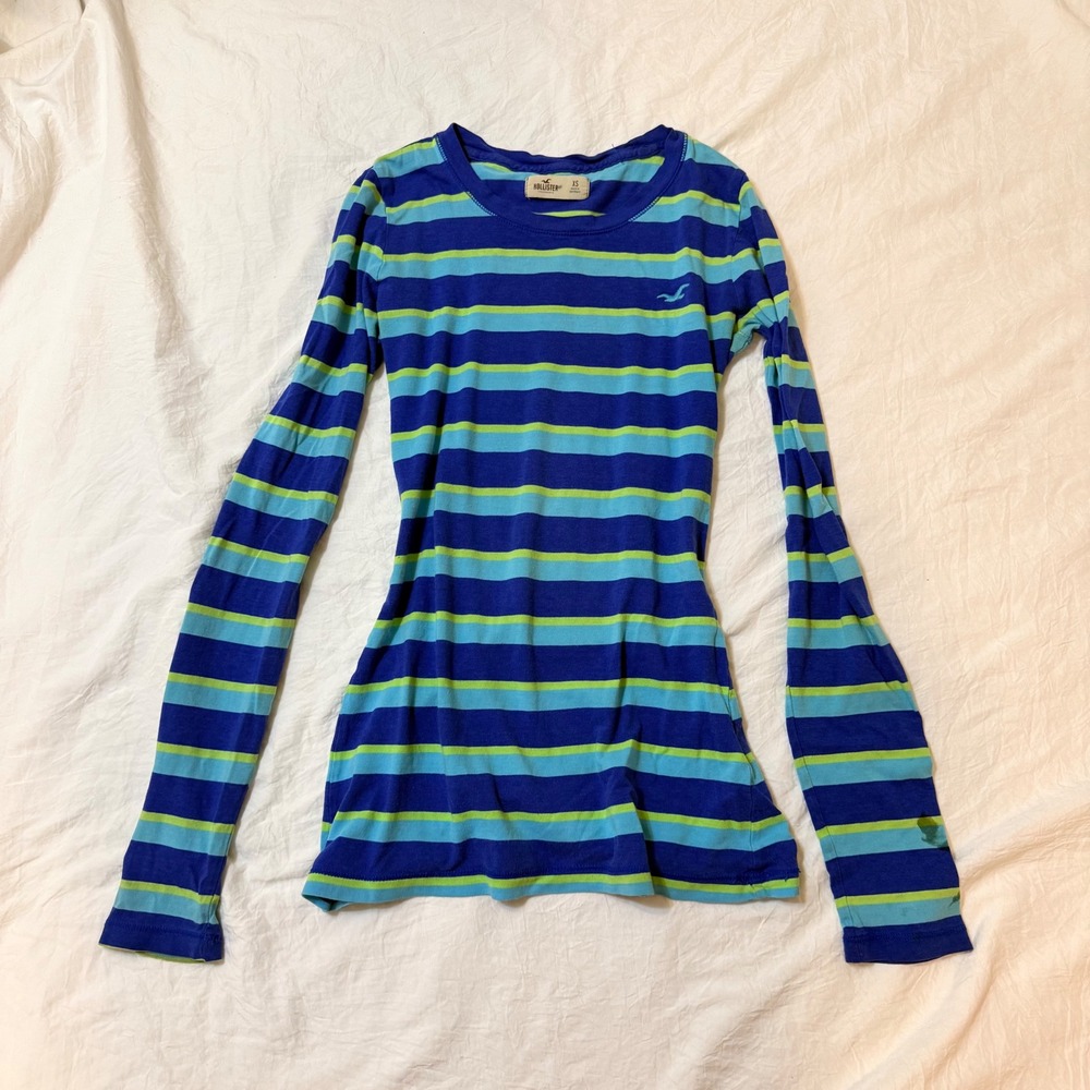 Hollister Womens XS Long Sleeve Striped Tee Blue Green Y2K Seagull Logo